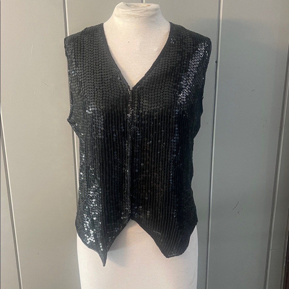 Black Sequin Silk Laurence Kazar Vest Vintage Evening Glam Party Rock Holiday
